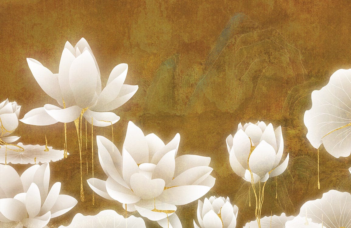 Peint mural nénuphar blanc avec fleurs de lotus dorées sur fond or pour papier peint panoramique