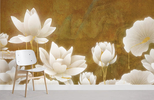 Papier peint panoramique mural nénuphar blanc et or, décoration murale élégante