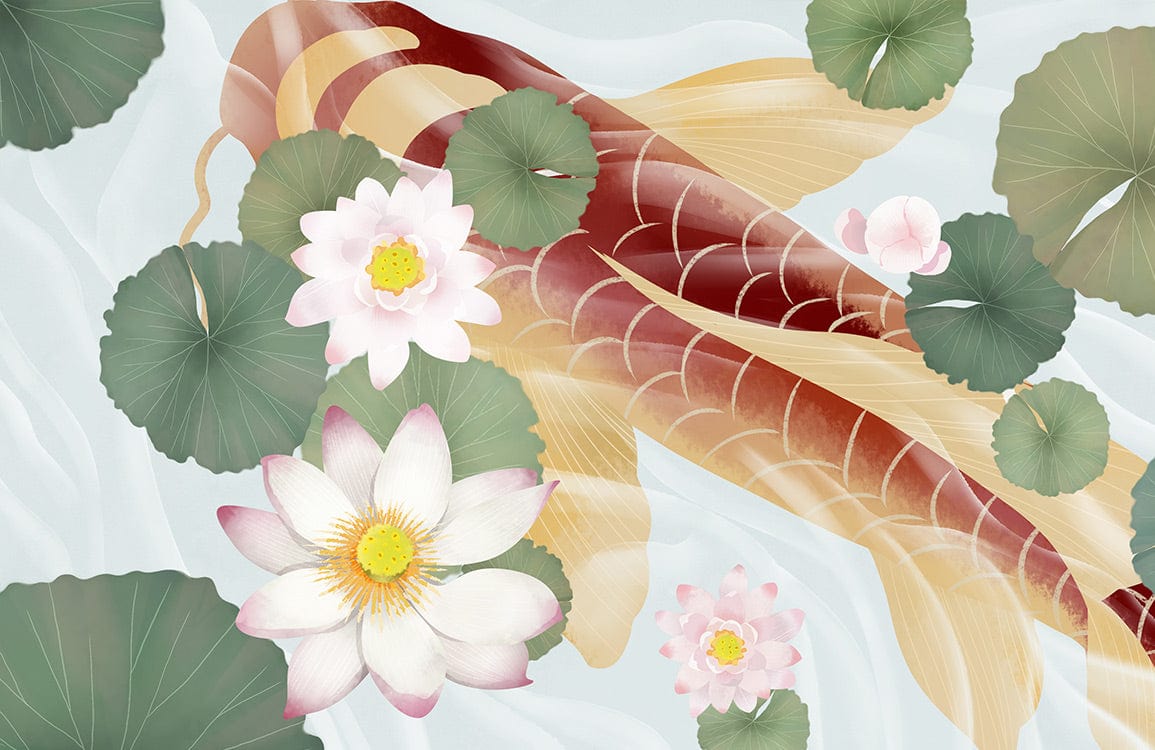 Illustration stylisée d un koi fish nageant parmi des nénuphars pour papier peint mural nénuphar