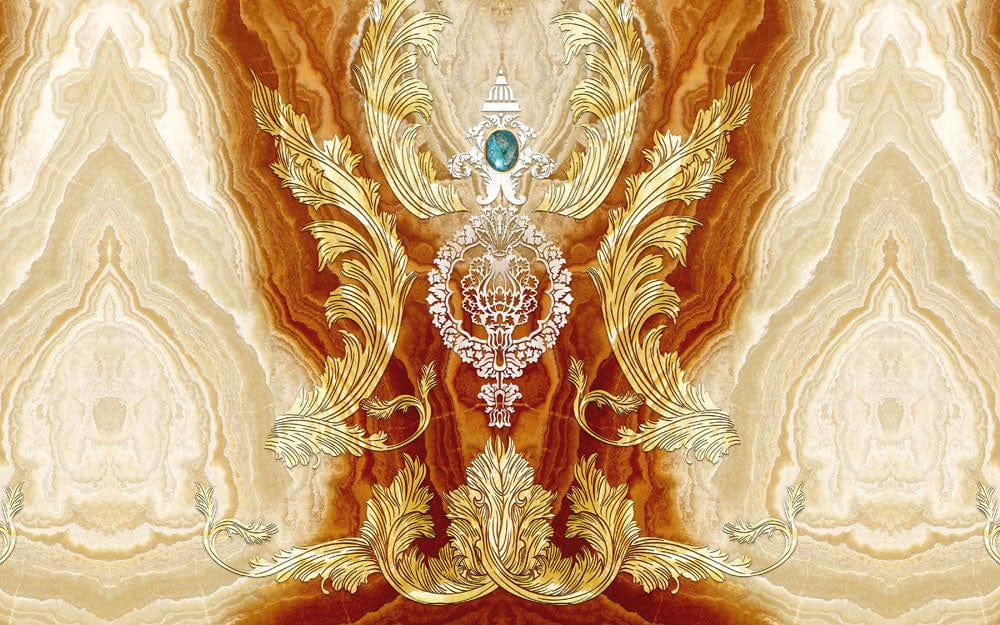 Papier peint mural Noble Gem avec design baroque doré sur fond marbre vibrant