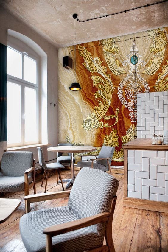 Intérieur de café avec papier peint mural Noble Gem Marble, style baroque et moderne