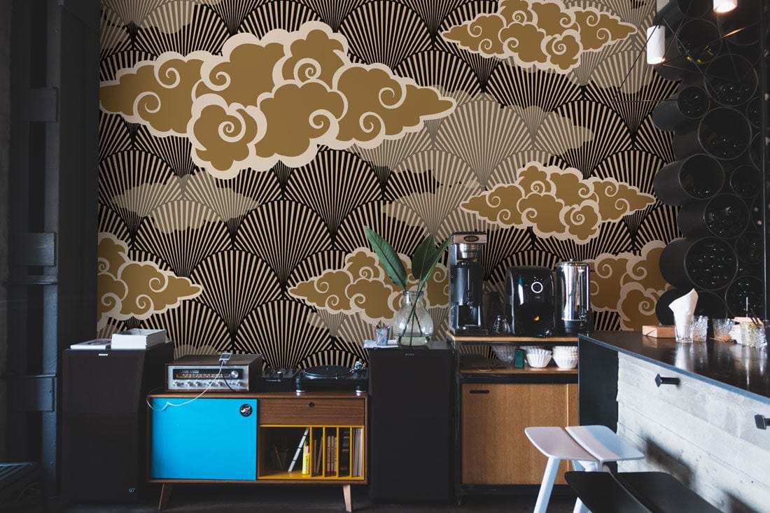 Peinture mural nuages auspicieux marrons avec motif doré, coin café et stereo