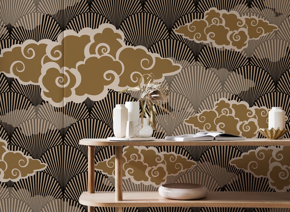 Papier peint mural avec nuages dorés et motifs fan, mural nuages auspicious marrons
