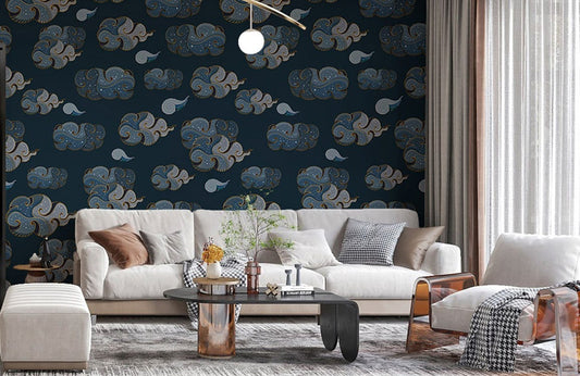 Photo d’un salon moderne avec papier peint mural Nuages de Bon Augure, décor élégant