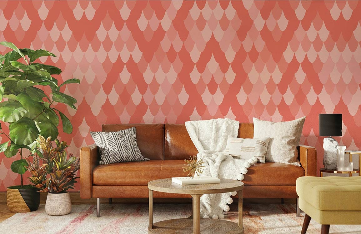 Peint mural obscure Fur avec salon, canapé en cuir marron et plantes vertes