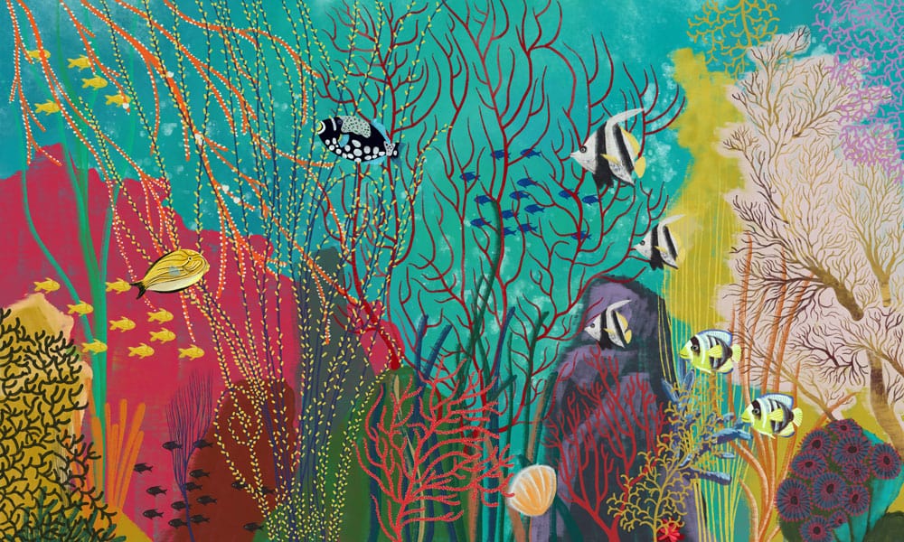 Papier peint mural océan vert avec scène de corail colorée et poissons vibrants
