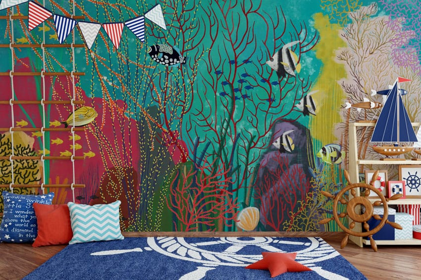 Papier peint mural océan vert pour chambre d’enfant, décoration sous-marine enchantée