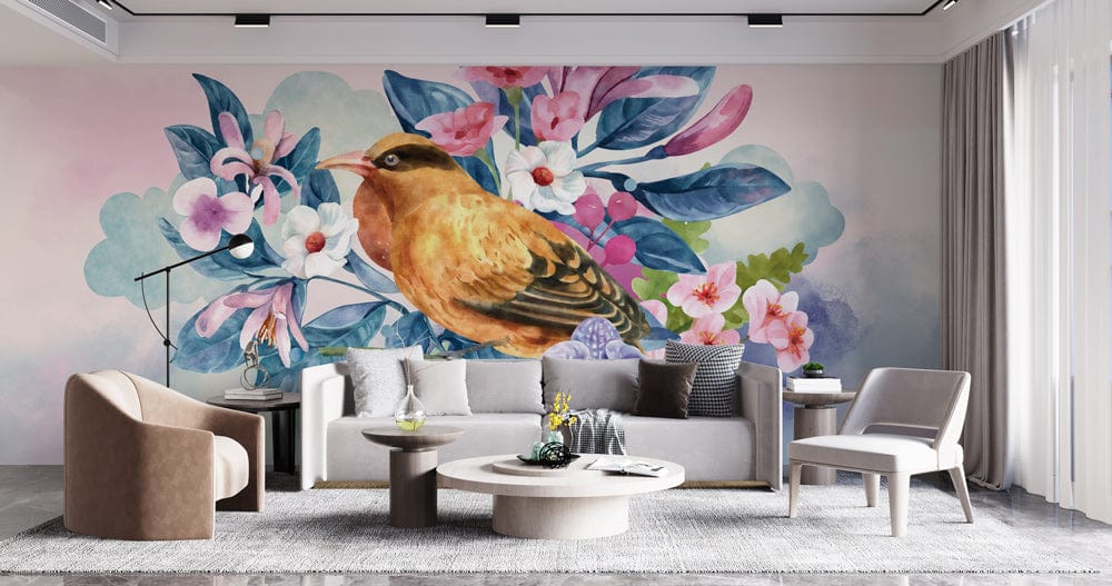 Papier peint mural Oiseau dans Fleurs II - Le meilleur Papier peint panoramique Sur mesure