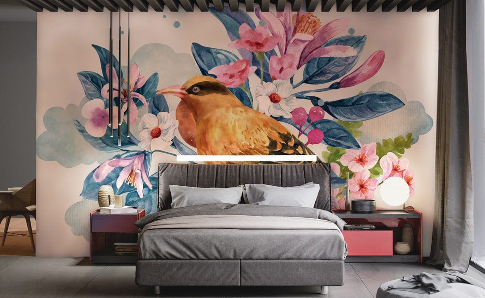 Papier Peint Mural Oiseau dans un Décor Floral - Le meilleur Papier peint panoramique Sur mesure