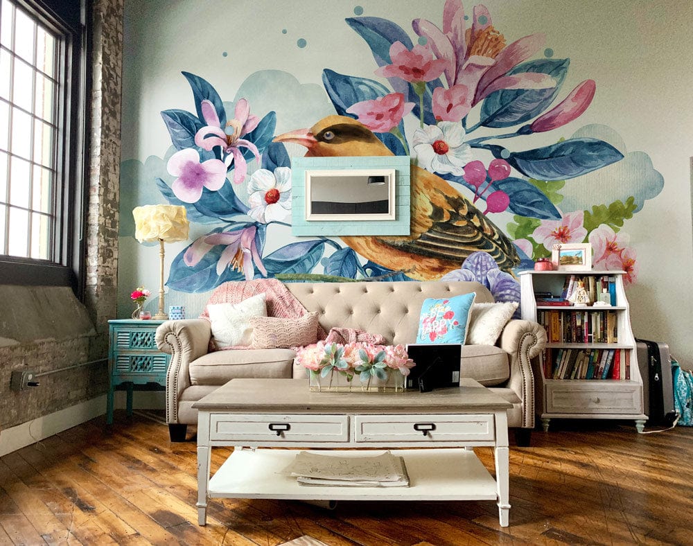 Papier Peint Mural Oiseau dans un Décor Floral - Le meilleur Papier peint panoramique Sur mesure