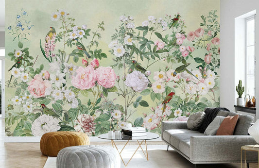 Papier Peint Mural Oiseaux & Fleurs Parfumées - Le meilleur Papier peint panoramique Sur mesure