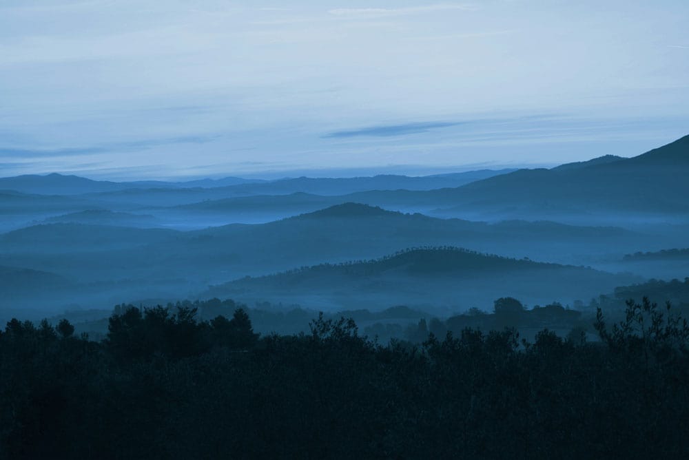 Peinture murale ombrée bleue représentant un paysage de montagnes et forêts sombres