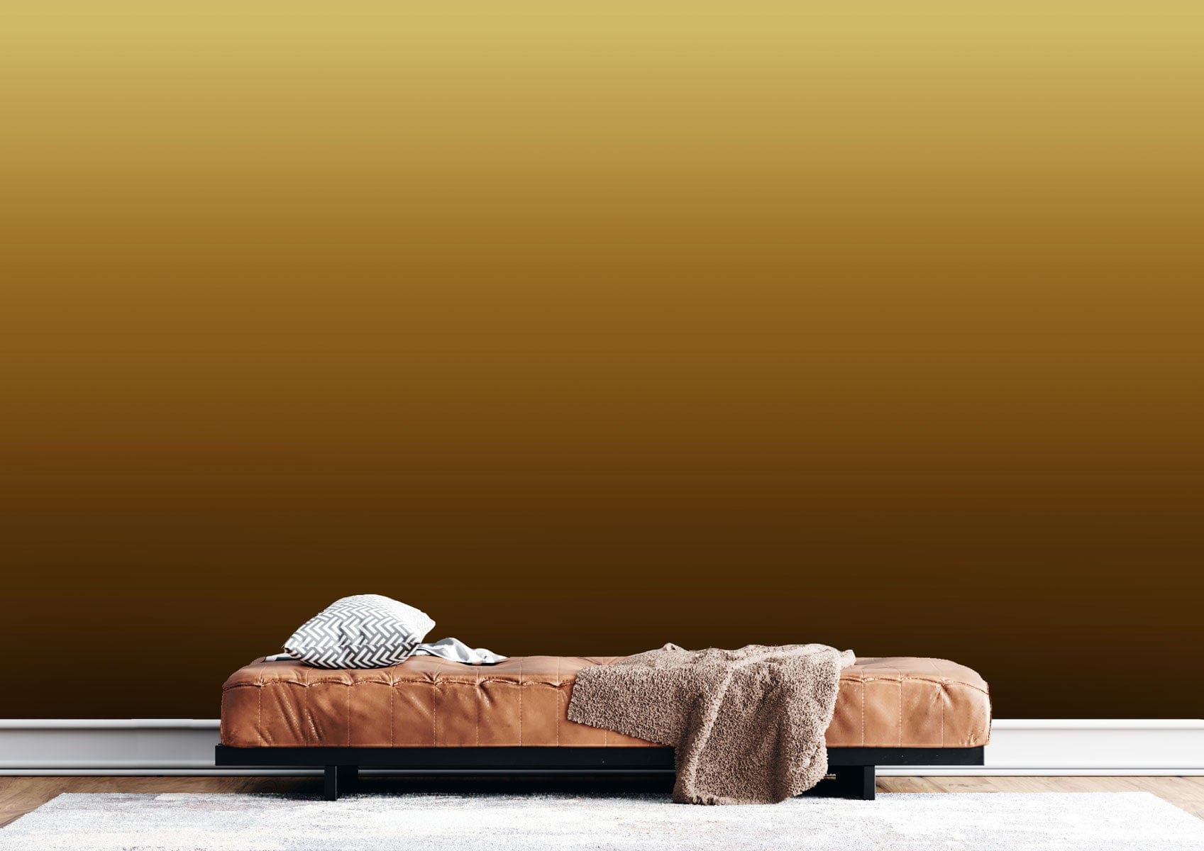 Banquette en cuir avec couverture et coussin, idéale pour une ambiance chaleureuse avec peinture murale ombrée mur ombre brun