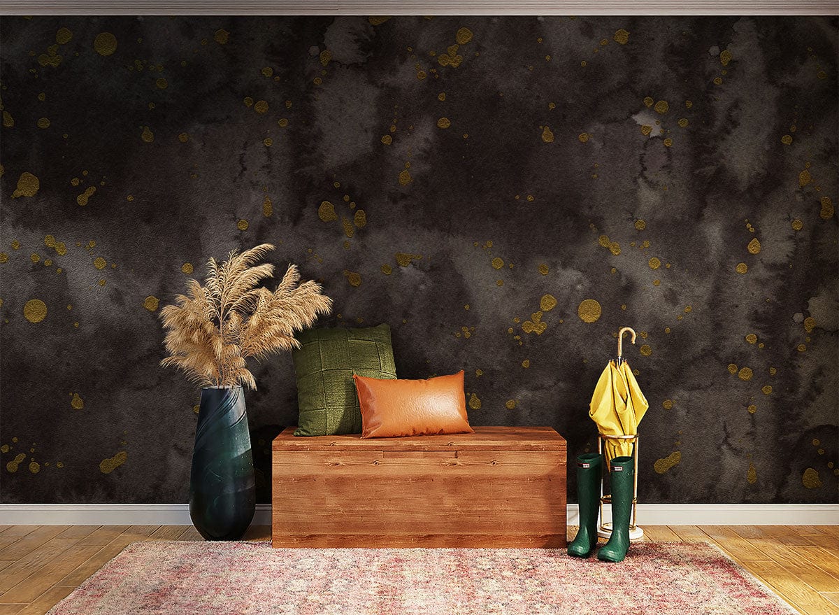 Papier peint mural artistique avec fond gris foncé, noir et éclats d’or métalliques