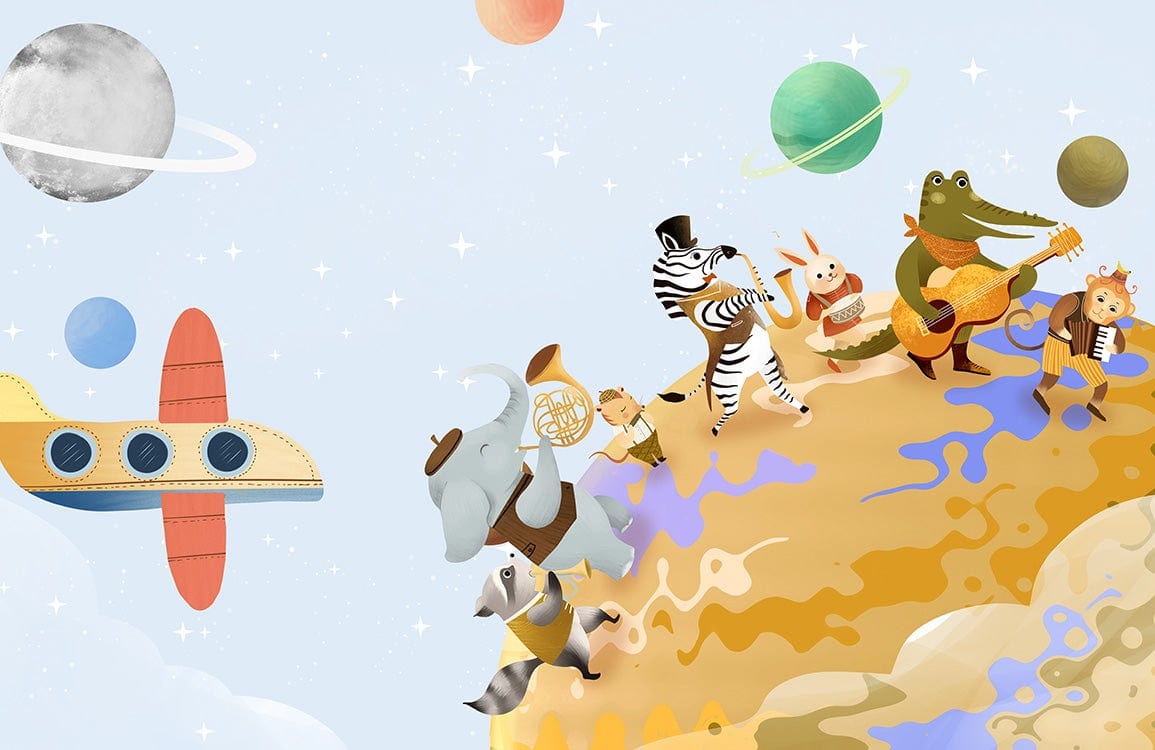 Peint mural orchestre animaux illustrant un band d’animaux sur une planète avec avion jaune