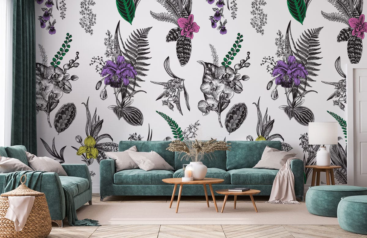 Peinture murale orchidée avec papier peint mural exotique dans un salon élégant