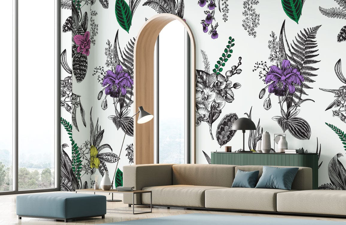 Peinture murale orchidée exotique dans un salon moderne avec canapé modulable