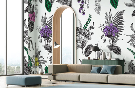Peinture murale orchidée exotique dans un salon moderne avec canapé modulable