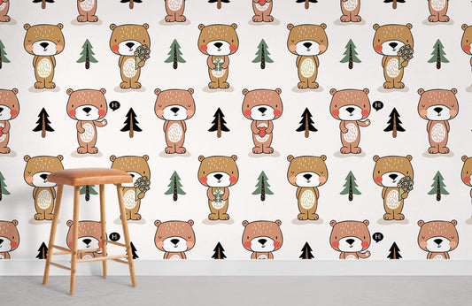 Papier peint mural ours amoureux avec cartoon bears et arbres pour décoration murale