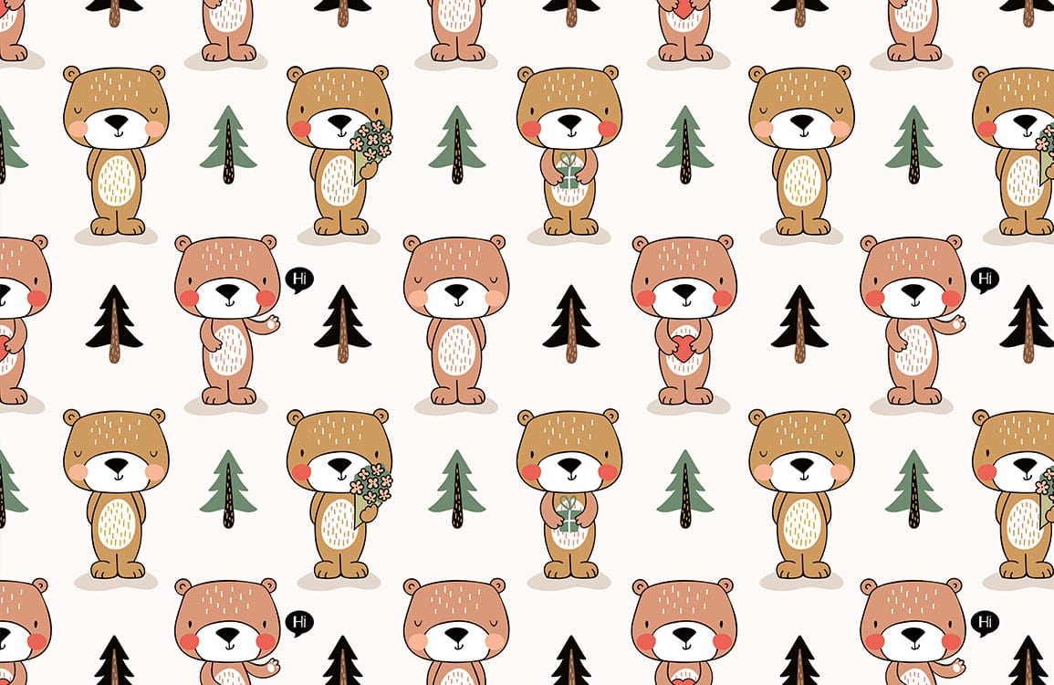 Papier peint mural avec motif de ours amoureux et sapins pour décoration intérieure