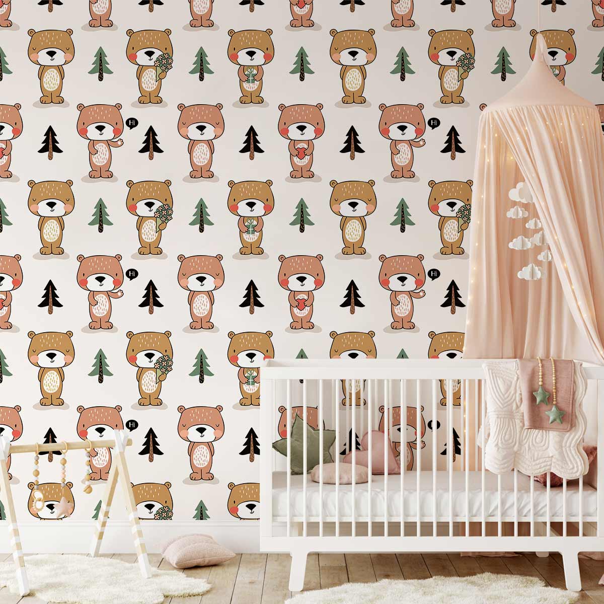 Crib blanc en bois avec matelas et coussins, dans le papier peint mural ours amoureux