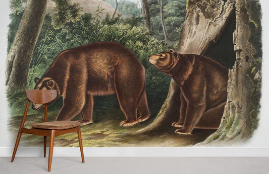 Chaise en bois marron avec assise rembourrée, idéale pour le papier peint mural ours Cannelle