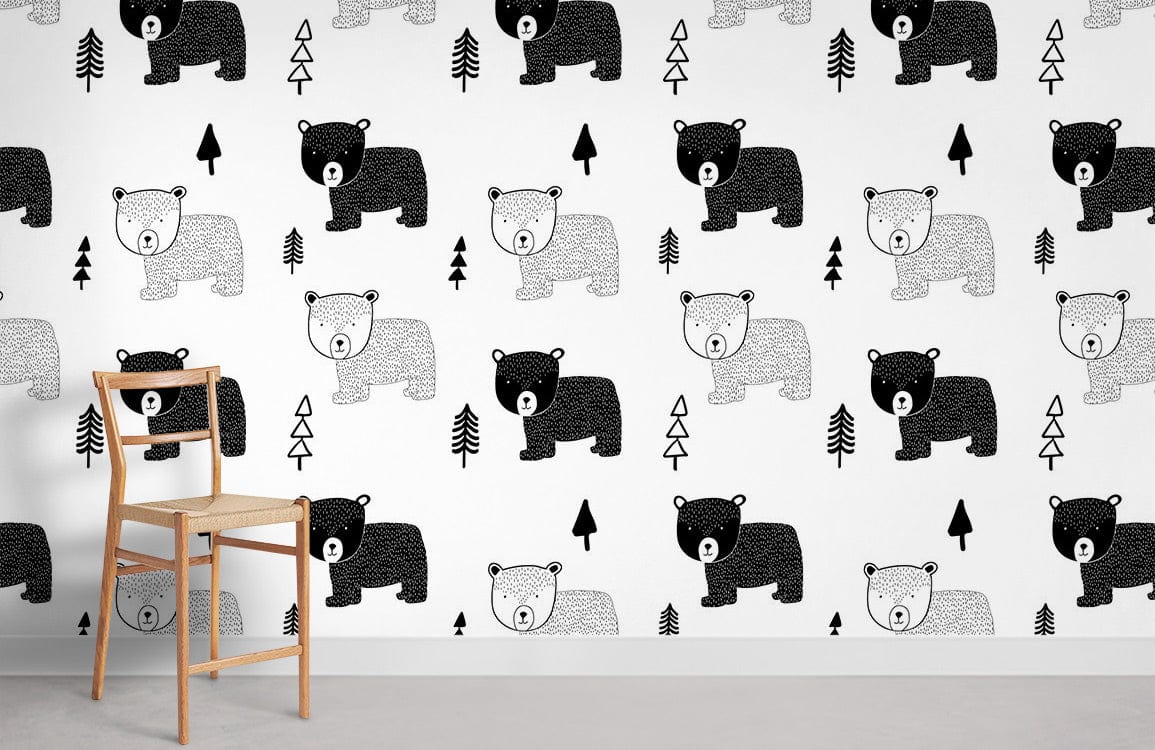 Papier peint mural ours et forêt monochrome, muralours pour une déco nature élégante