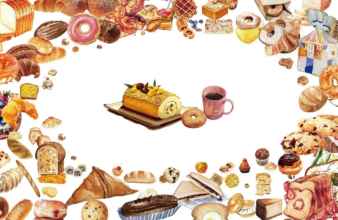 Papier peint mural pain et dessert avec gâteau jaune aux fruits, décoration gourmande