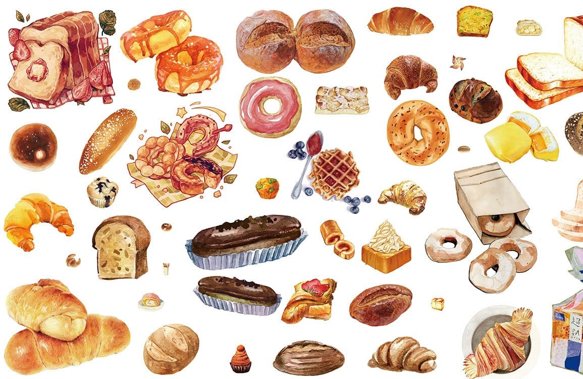 Papier peint mural Pain & Dessert avec assortiment vibrant de pâtisseries aquarelle