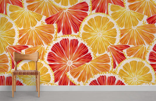Papier Peint Mural Pamplemousse avec tranches d’agrumes colorées pour une déco fraîche