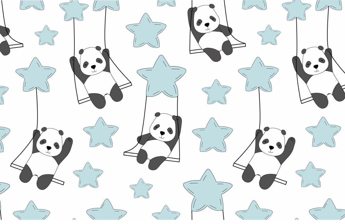Motif seamless de pandas sur balançoires et étoiles bleues pour papier peint mural Panda