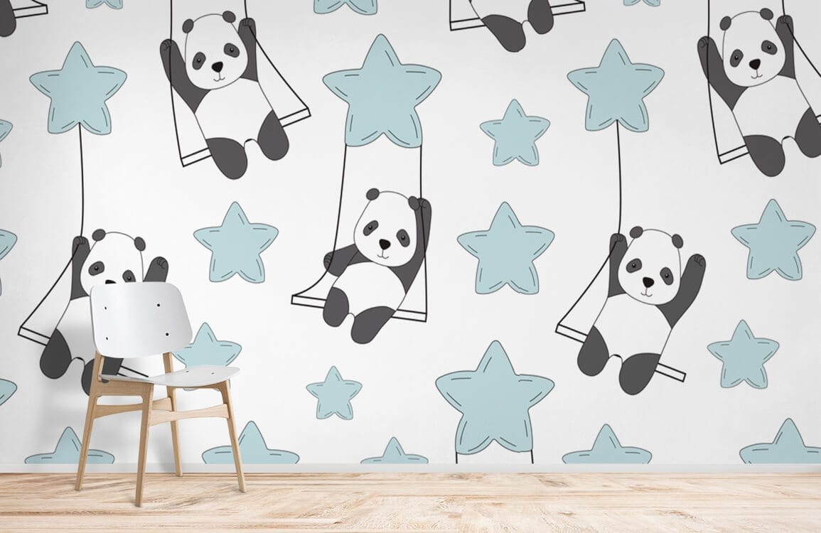 Papier peint mural panda avec pandas sur balançoires et étoiles bleues pour chambre d’enfant