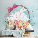 Peint mural panier de fleurs et lapins blancs en poésie printanière - Vignette | Mr Papier Peint