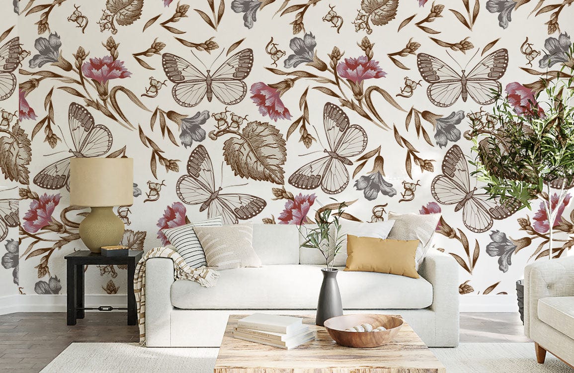 Papier Peint Panoramique Peinture Murale Interieur Fleurs De Papillon