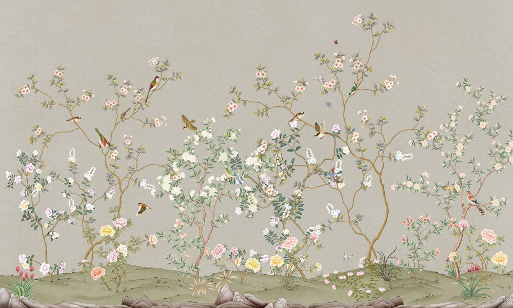 Papier peint mural paradis vintage avec oiseaux et arbres en style Chinoiserie