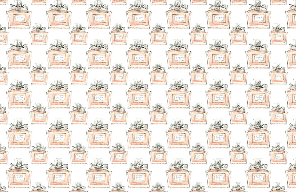 Motif répétitif de bouteilles de parfum en aquarelle avec rubans, parfait pour un peint mural parfum