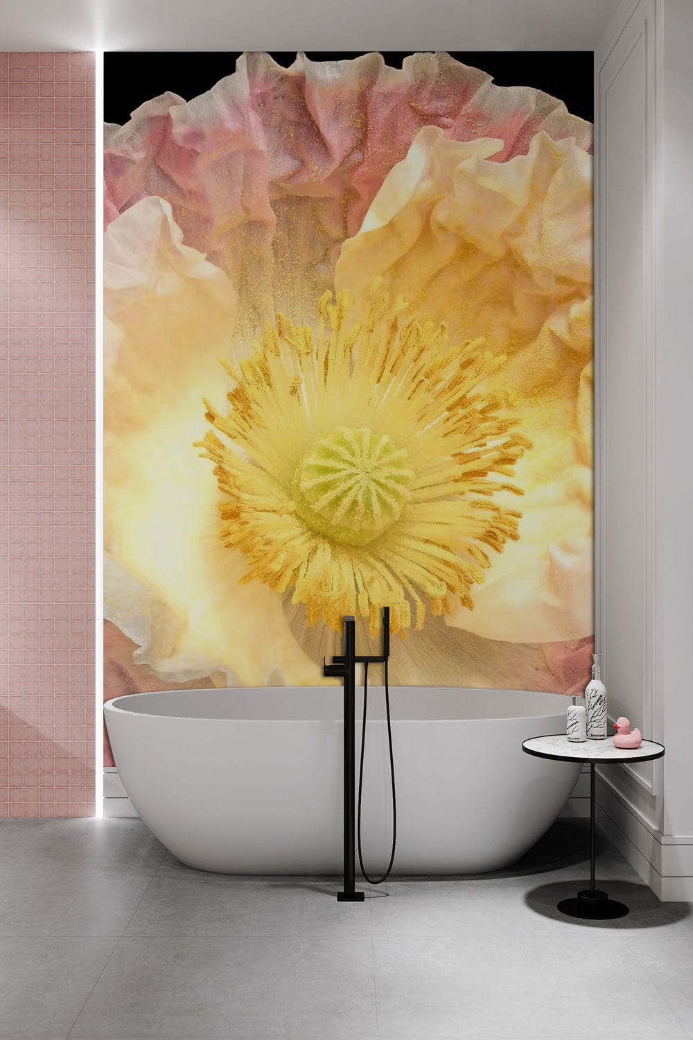 Baignoire blanche avec robinet noir, mural Pavot Nudicaule, papier peint mural élégant