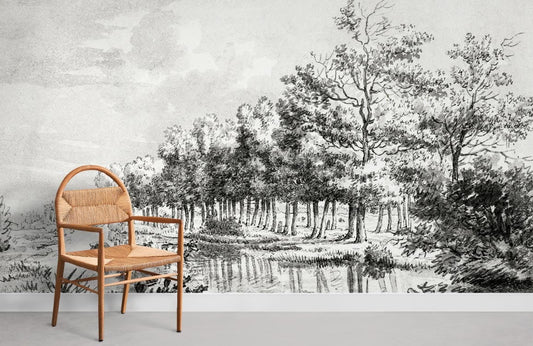 Chaise en bois avec siège en osier, idéale pour un peint mural paysage ou mural paysage