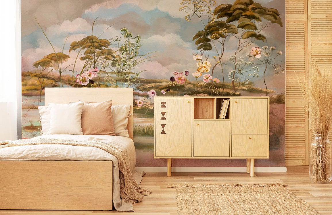 Cadre de lit en bois clair avec tête de lit, idéal avec papier peint mural paysage fleurs vintage