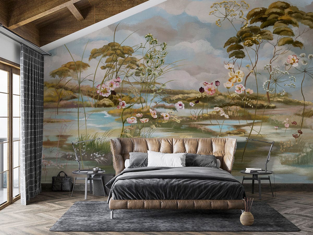 Lit avec tête de lit capitonnée beige et couvre-lit gris foncé, idéal pour un papier peint mural paysage de fleurs vintage