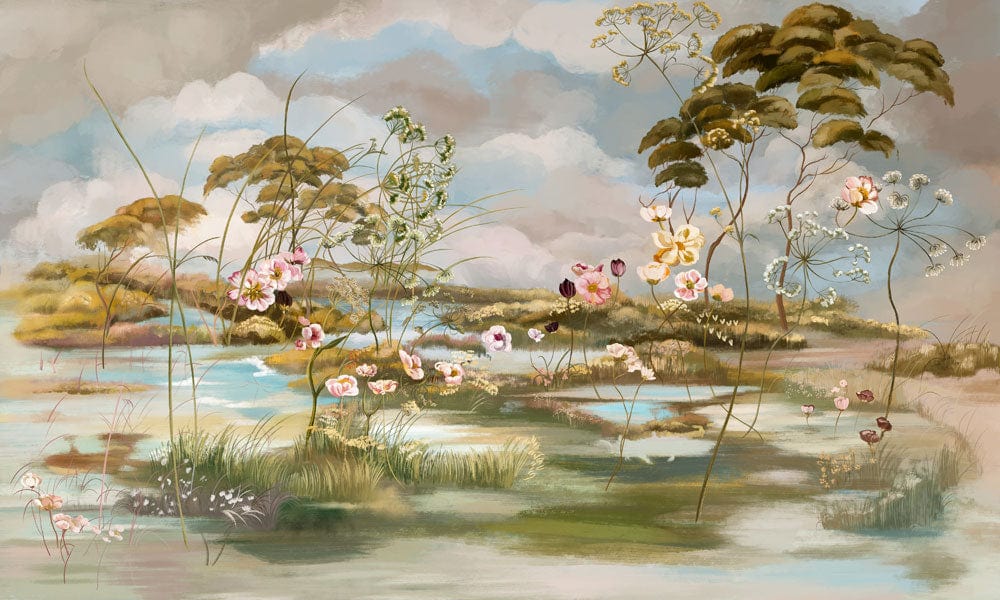Peint mural paysage de fleurs vintage avec paysage humide et plantes vertes, mural décoratif