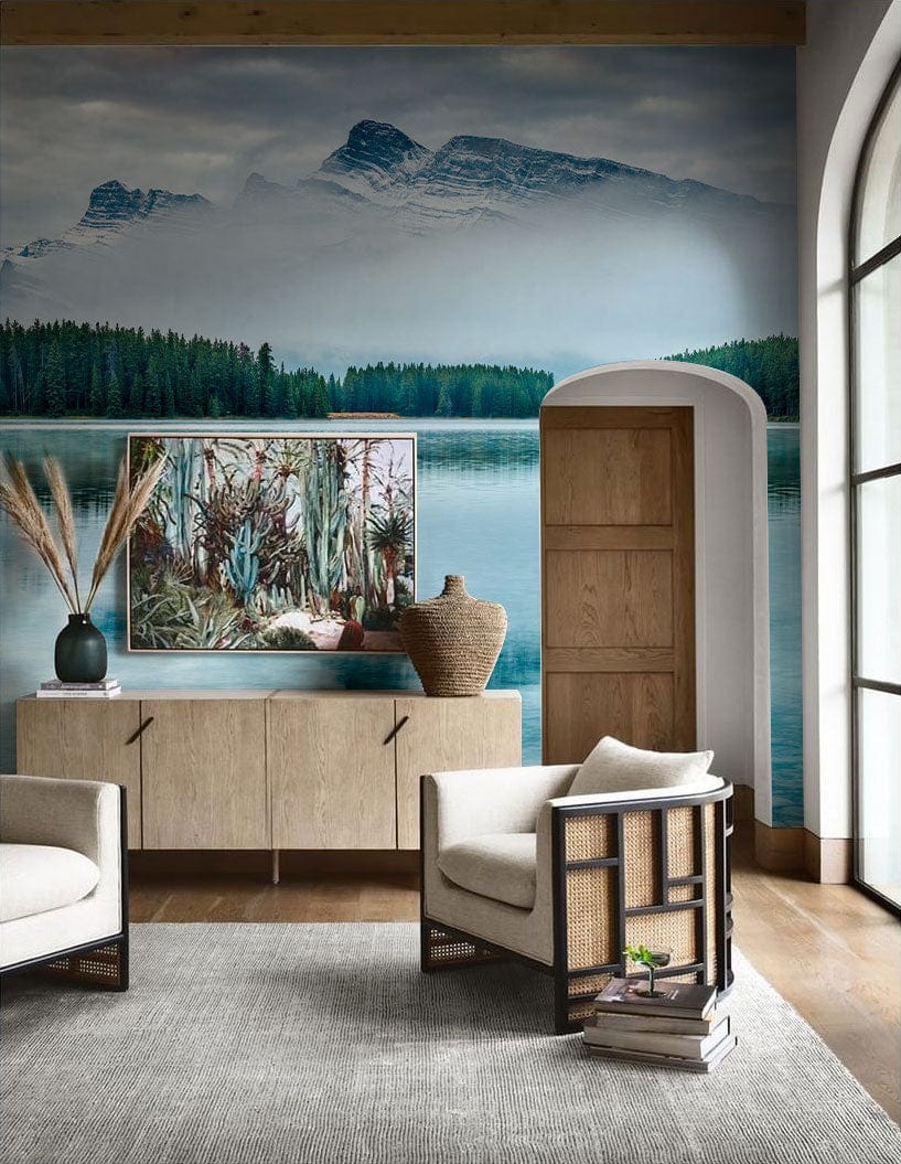 Peinture murale paysage d’une salle de séjour avec mural montagne lac pour Papier peint mural Paysage sans limites