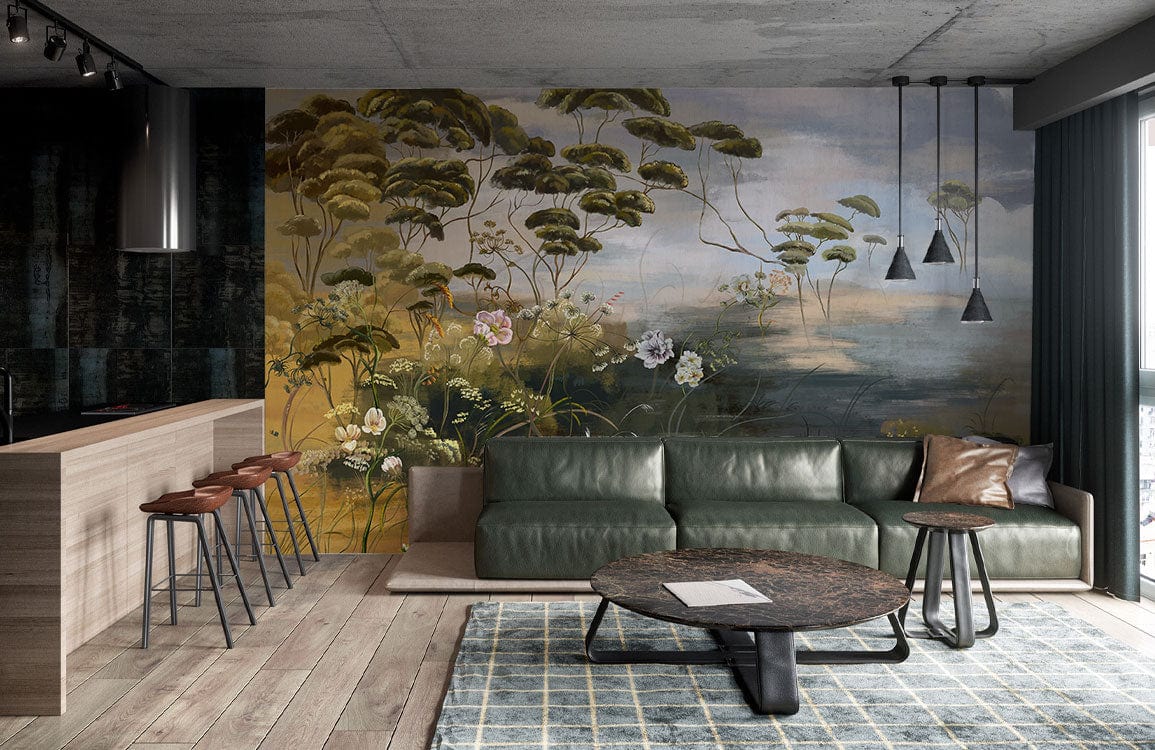 Sofa sectionnel en cuir vert luxueux avec papier peint mural Peinture Herbe Fleurie