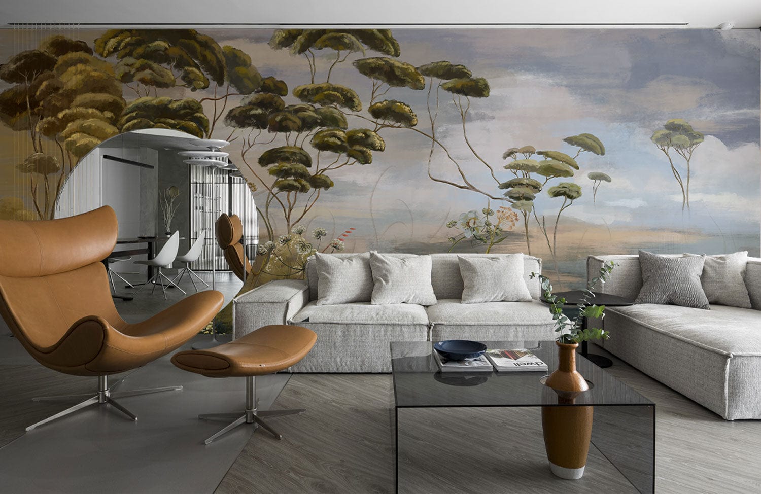 Peinture Herbe Fleurie sur un papier peint mural contemporain avec mobilier modulable