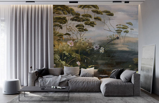 Sectional moderne gris avec peinture Herbe Fleurie, idéal pour un papier peint mural