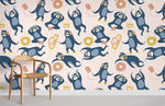 Mural Pépère Musicien Paresseux en Bleu et Vinyles Vintage - Vignette | Mr Papier Peint