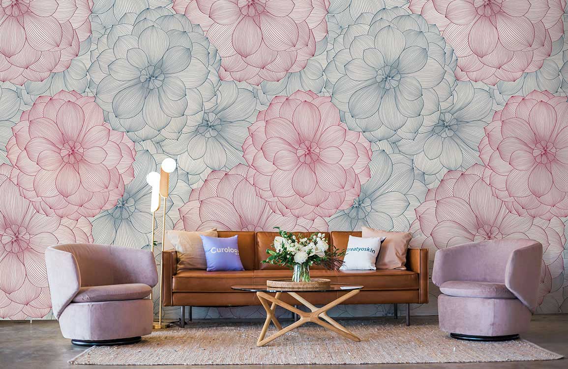 Sofa en cuir marron avec coussins clairs sur le papier peint mural Pétale Ensemble