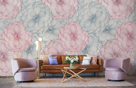 Sofa en cuir marron avec coussins clairs sur le papier peint mural Pétale Ensemble