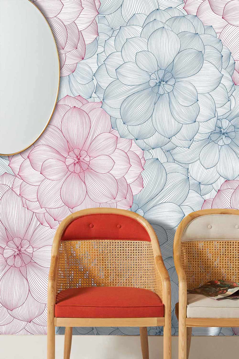 Papier peint mural Pétale Ensemble avec motif floral abstrait en rose et bleu