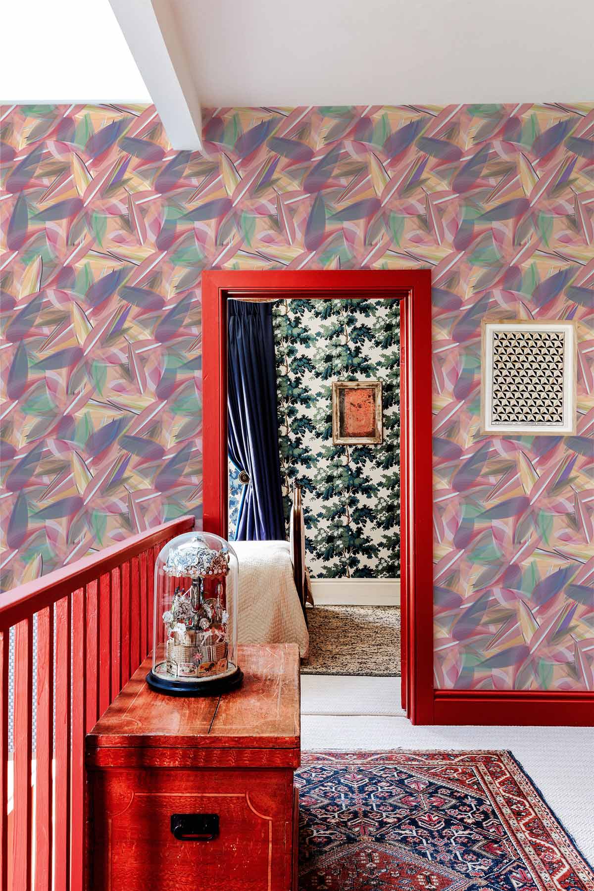 Papier peint mural pétales colorés avec motifs abstraits en violet, rose, vert et jaune